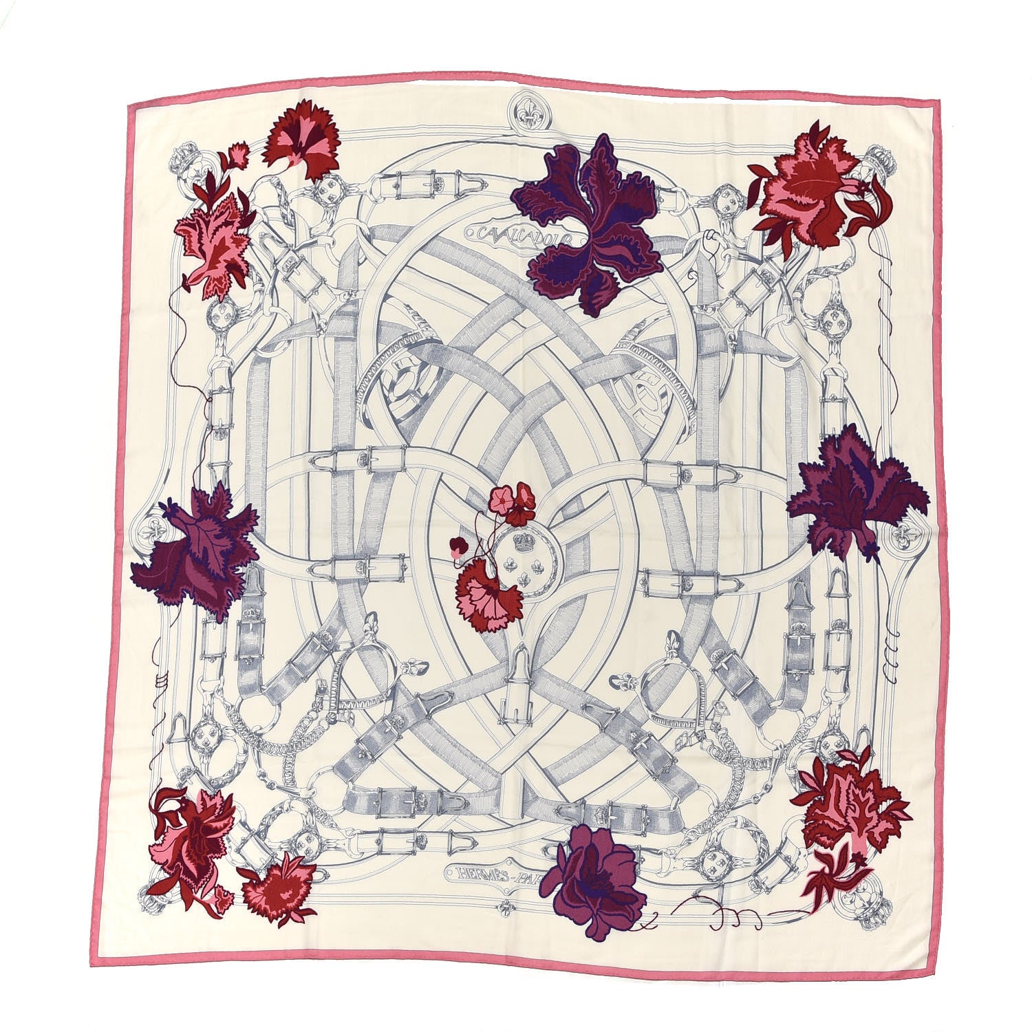 Hermes Cashmere Silk Cavalcadour Shawl 140 Blanc Violet Rose 1 of 7