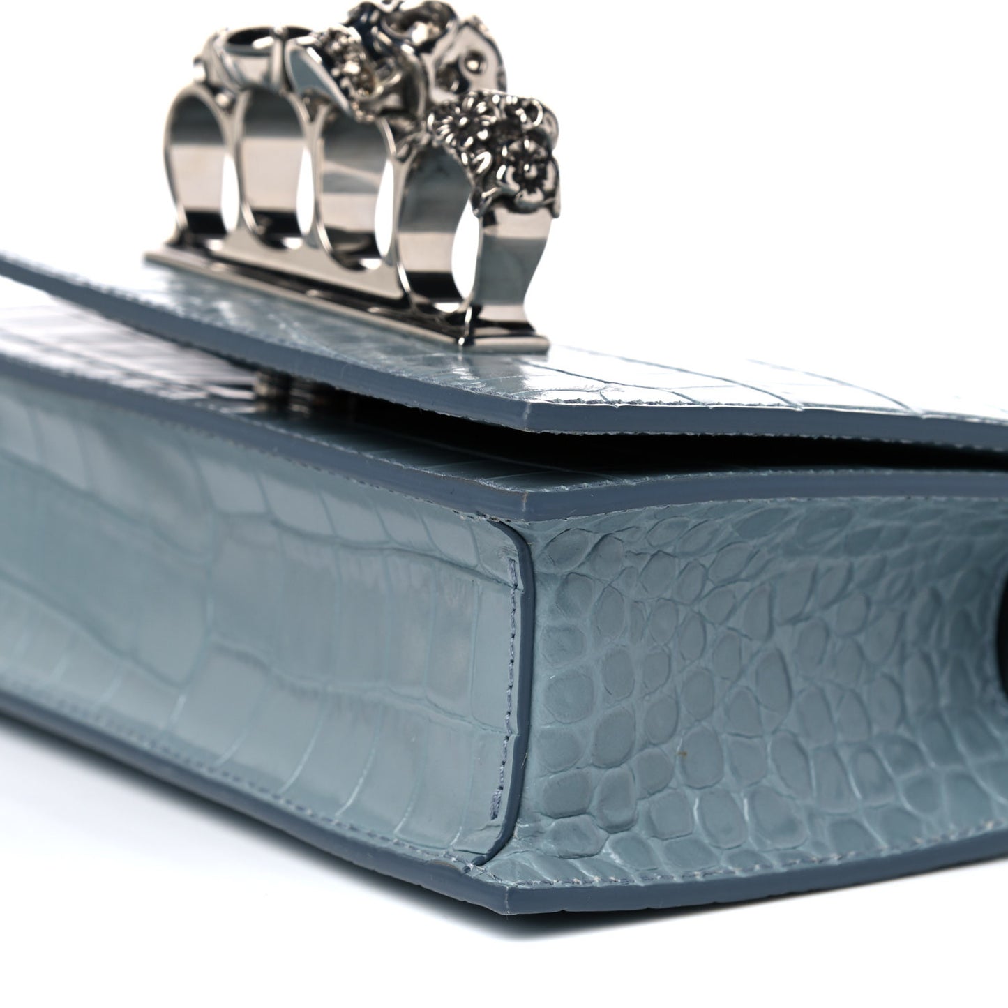 Shiny Crocodile Embossed Jeweled Satchel Blue Grey