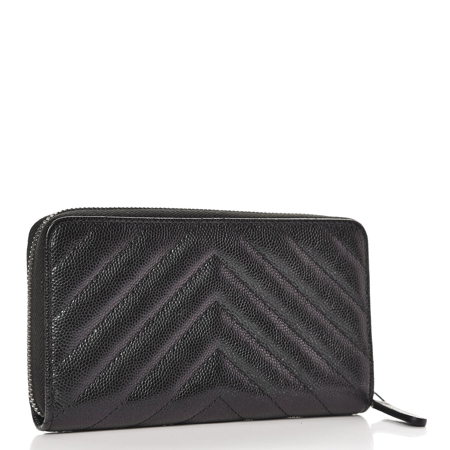 Iridescent Caviar Chevron Quilted Small Zip Around Wallet Black