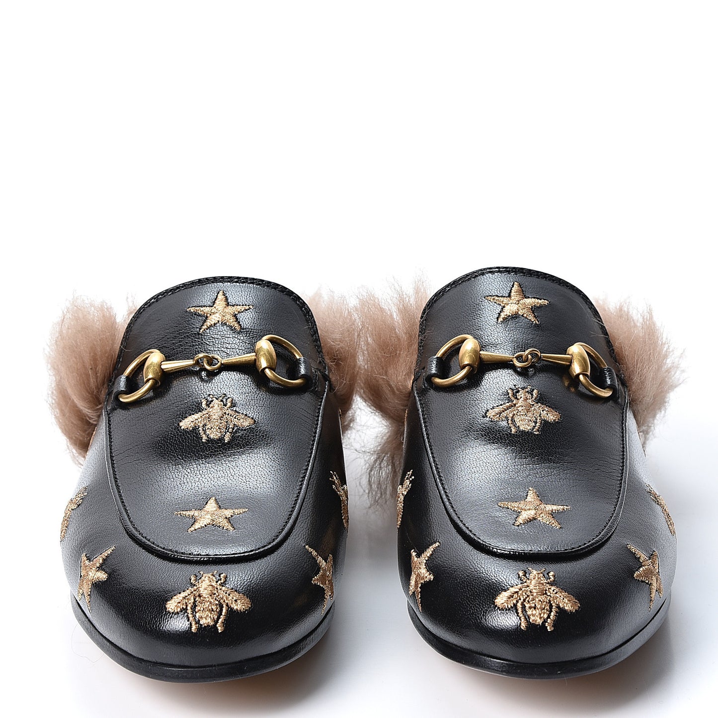 Goatskin Fur Bee Star Embroidered Womens Princetown Slippers 36 Black