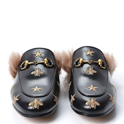 Gucci Goatskin Fur Bee Star Embroidered Womens Princetown Slippers 36 Black 2 of 10