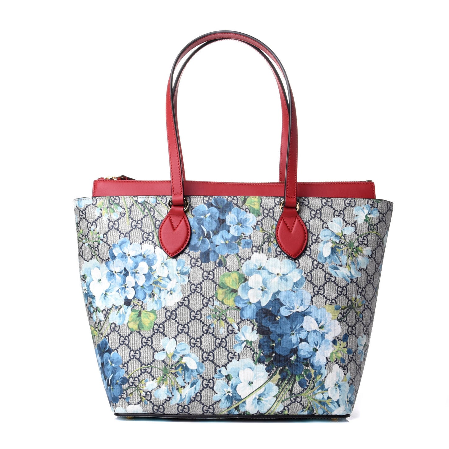 GG Supreme Monogram Blooms Medium Zippered Bucket Tote Beige Blue Navy Hibiscus Red
