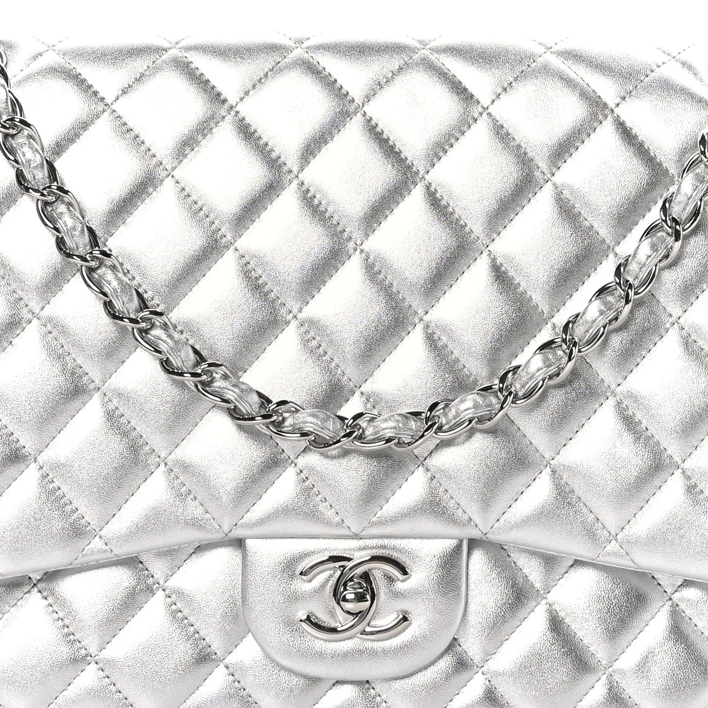 Metallic Lambskin Quilted Maxi Single Flap Silver