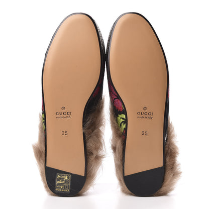 Gucci Brocade Fur Floral Womens Princetown Slippers 35 Black Anthracite 5 of 8