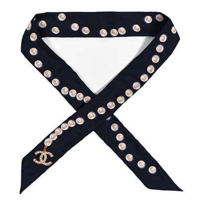 Chanel Silk Pearl CC Slim Bandeau Scarf Dark Navy 1 of 4
