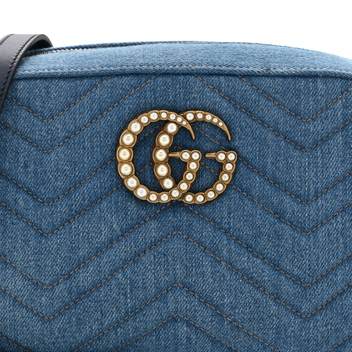 Denim Matelasse Small Pearly GG Marmont Chain Shoulder Bag Blue