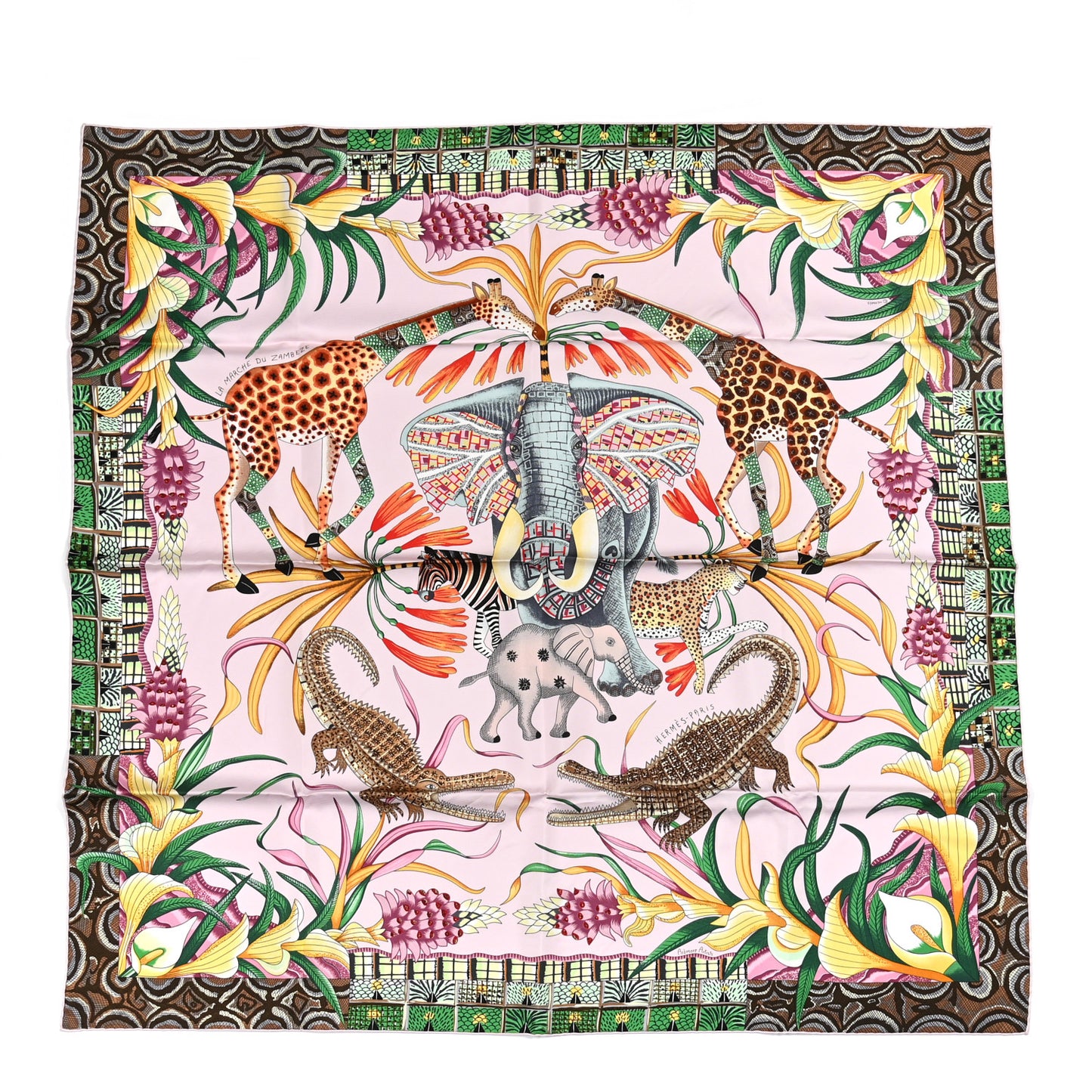 Silk La Marche Du Zambeze Scarf 90 Rose Pale Vert Jaune