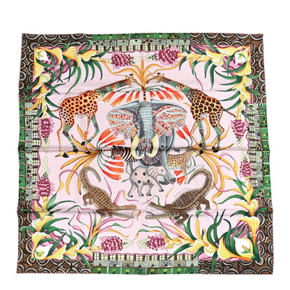 Hermes Silk La Marche Du Zambeze Scarf 90 Rose Pale Vert Jaune 1 of 6