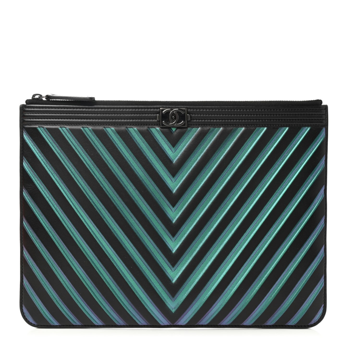Calfskin Painted Chevron Embossed Large Boy Zip Pouch Black