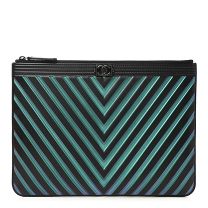 Chanel Calfskin Painted Chevron Embossed Large Boy Zip Pouch Black 1 of 9