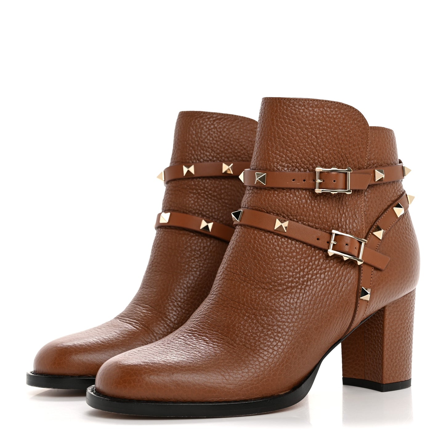 Pebbled Calfskin Rockstud Double Buckle 70mm Block Heel Ankle Boots 37 Bright Cognac