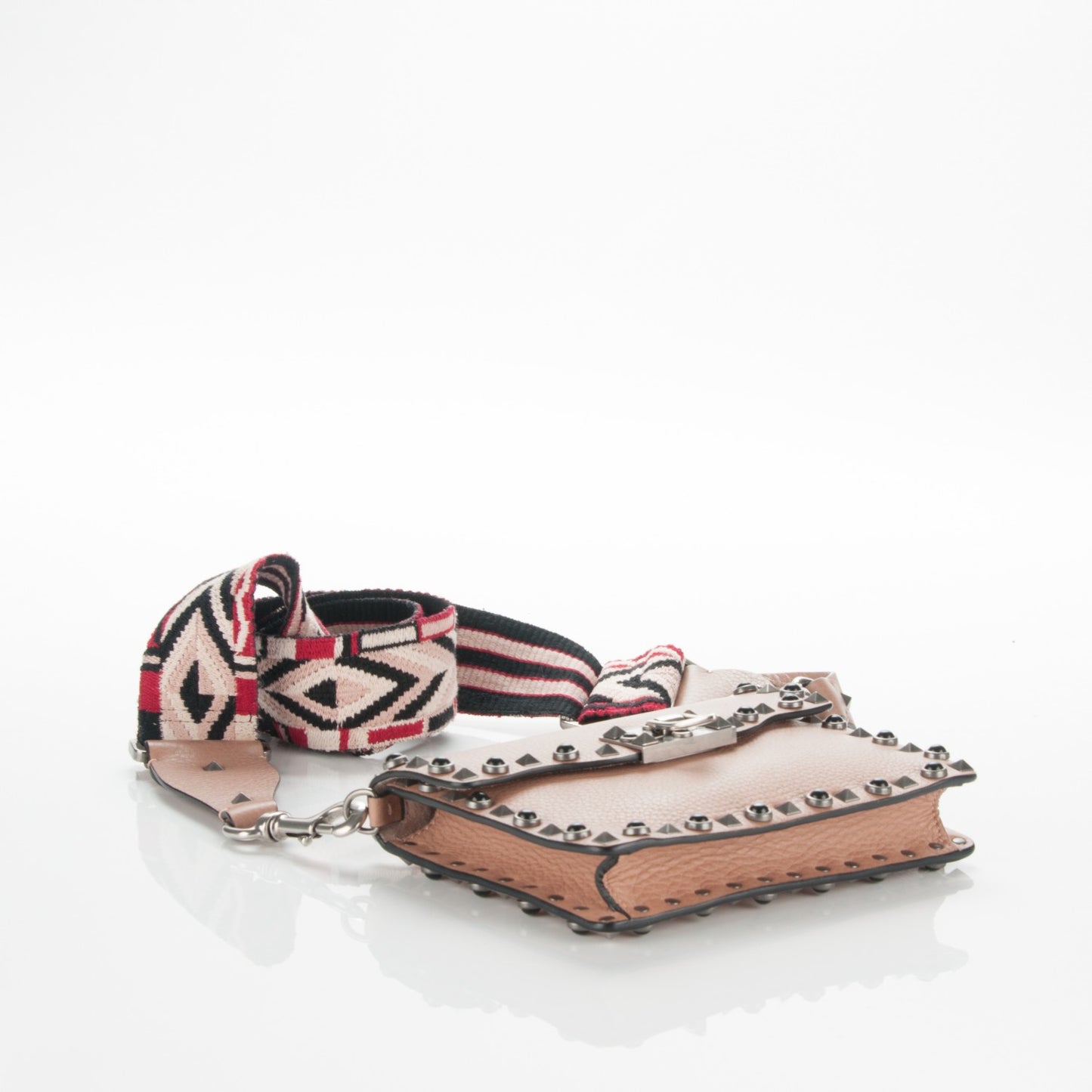 Grained Calfskin Onyx Small Guitar Strap Rockstud Rolling Shoulder Flap Bag Soft Noisette