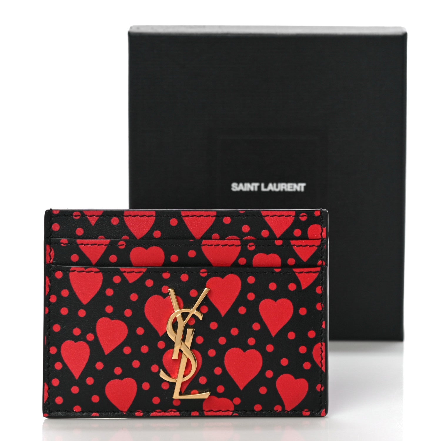 Saint Laurent Calfskin Heart Print Monogram Credit Card Case Black Red 12 of 12