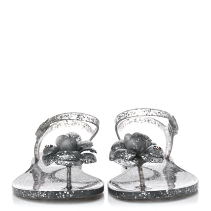 Chanel Jelly Camellia Glitter Thong Sandals 38 Grey 2 of 8