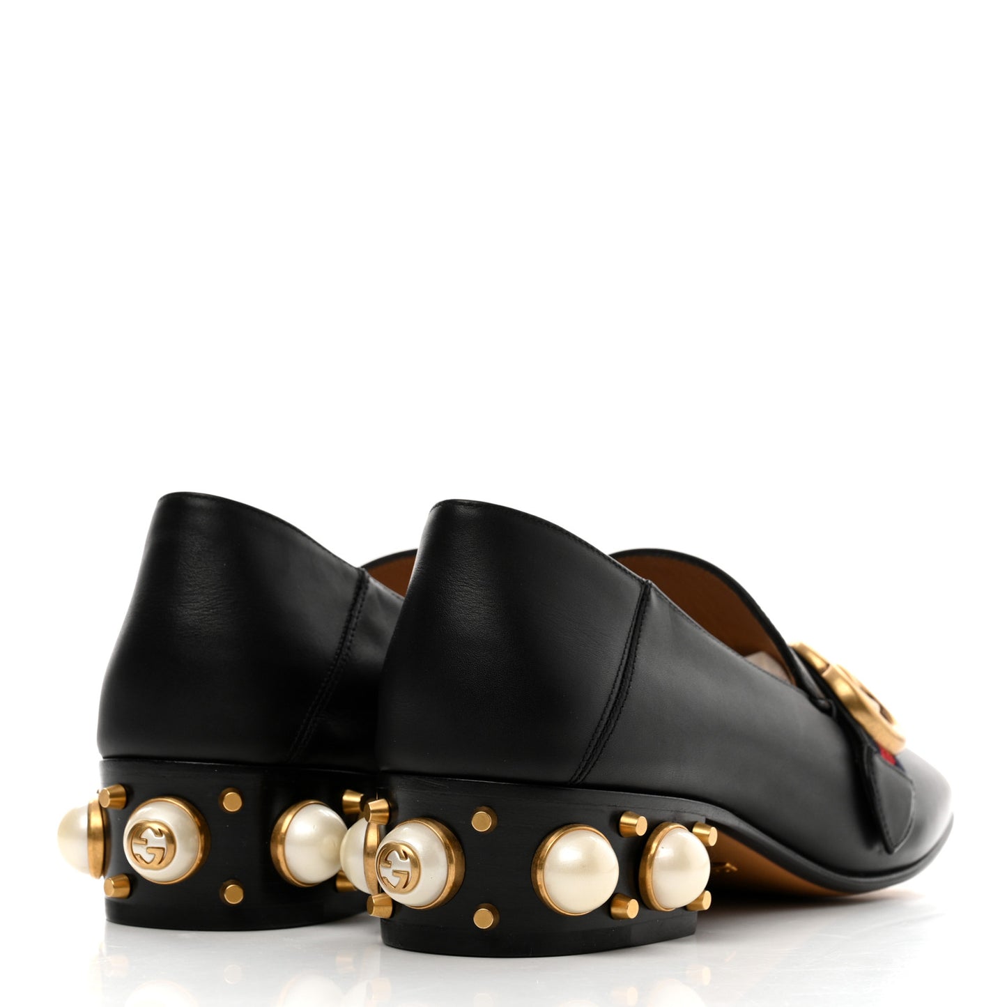 Betis Glamour Calfskin Web Pearl Embellished Peyton 35mm Loafer Pumps 36.5 Black
