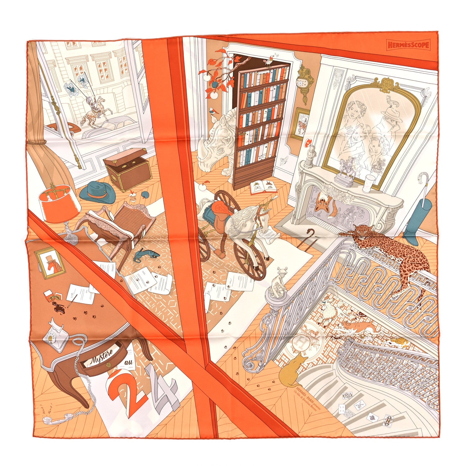 Hermes Silk Mystere Au 24 Faubourg Scarf 90 Orange White Marron 1 of 3