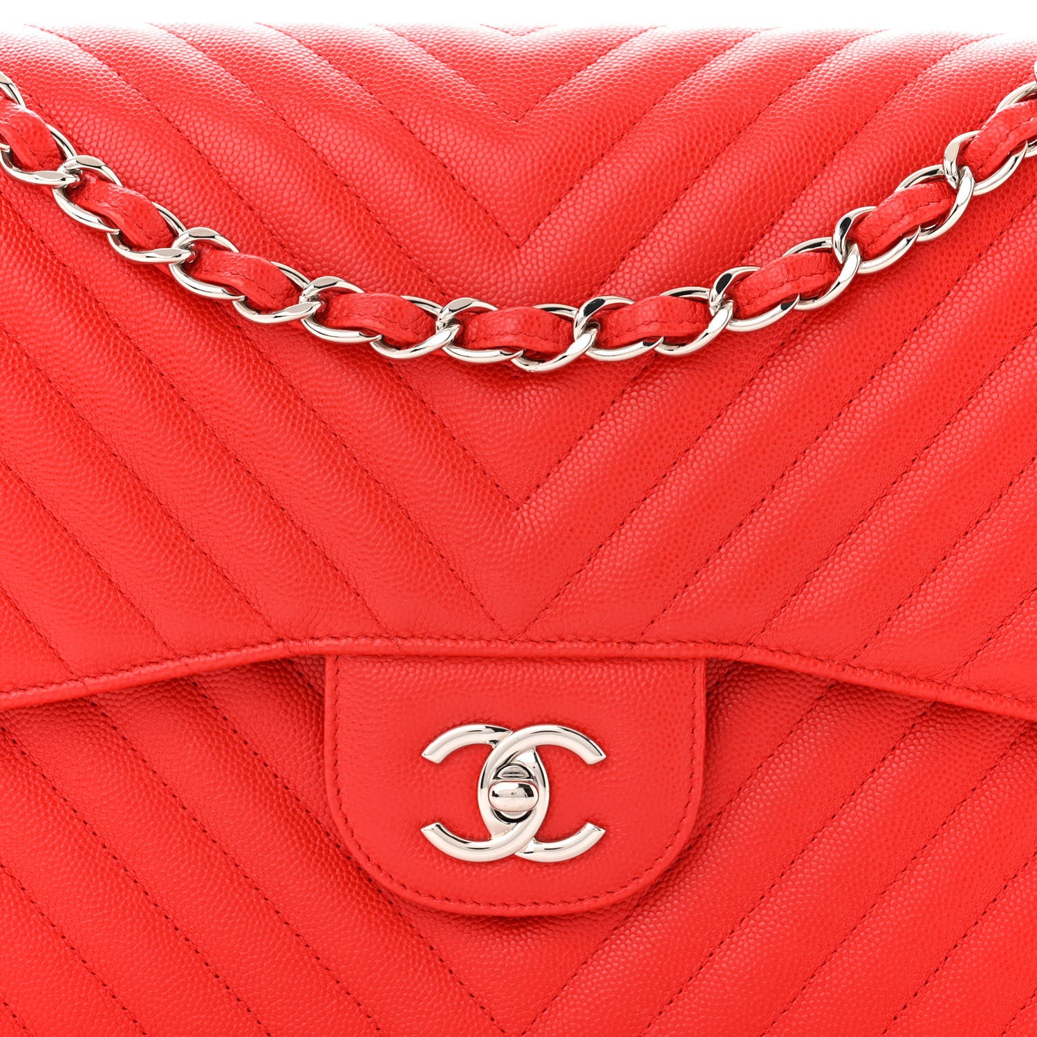 Chanel Caviar Chevron Quilted Jumbo Double Flap Red 8 of 11