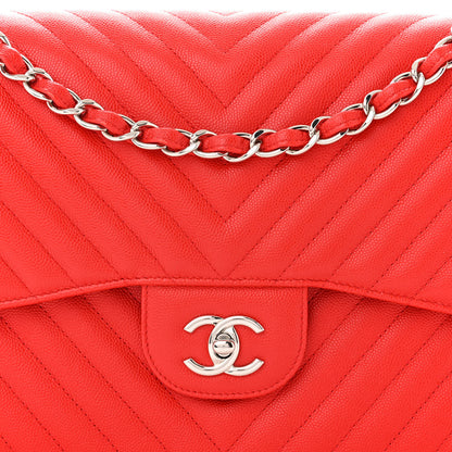Chanel Caviar Chevron Quilted Jumbo Double Flap Red 8 of 11
