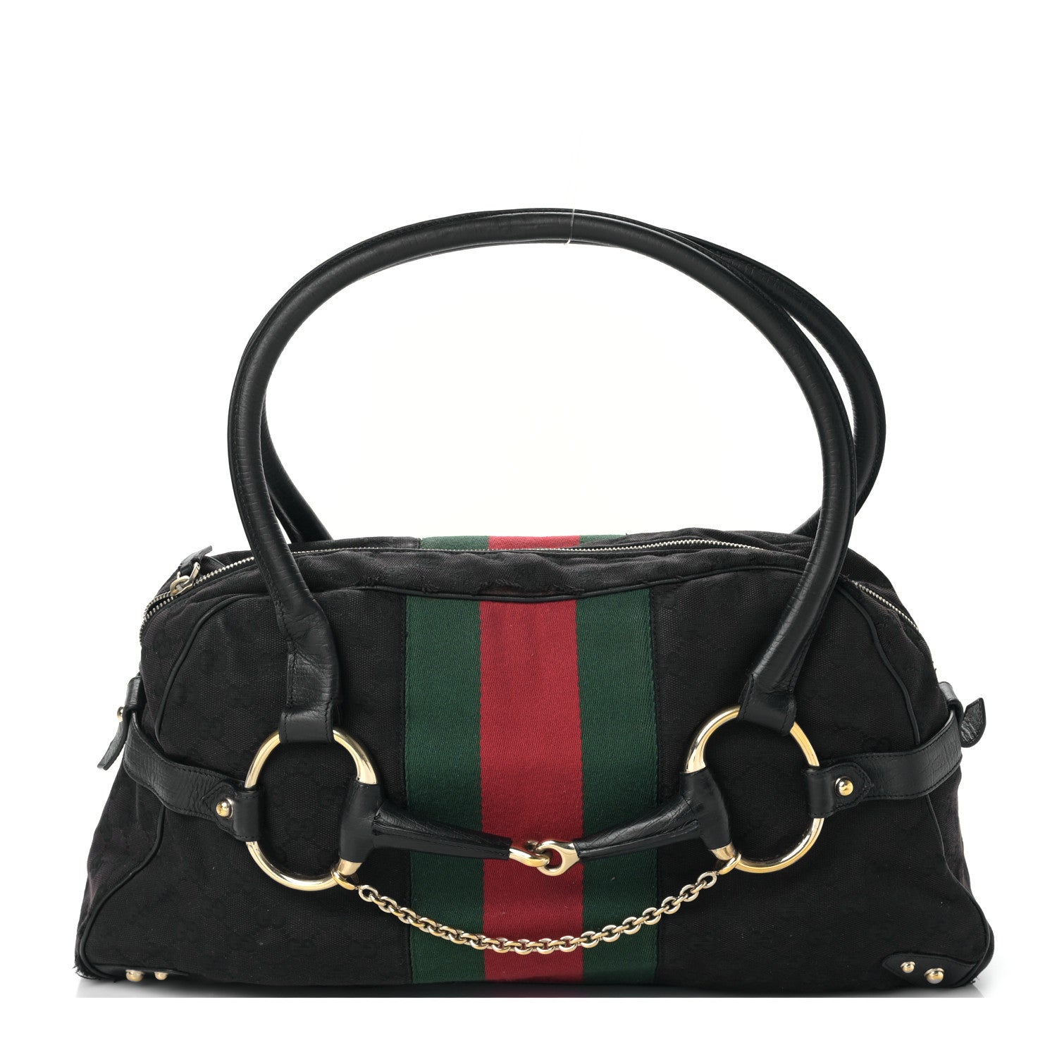 Gucci Monogram Web Large Horsebit Satchel Chain Black 1 of 9