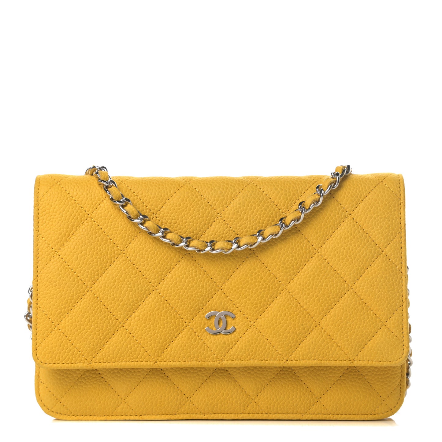 Iridescent Caviar Quilted Wallet on Chain WOC Yellow
