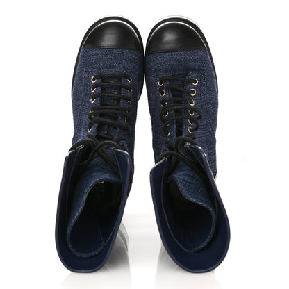 Chanel Fabric Patent Lambskin Quilted CC Lace Up Combat Boots 37 Navy Blue Black 2 of 11