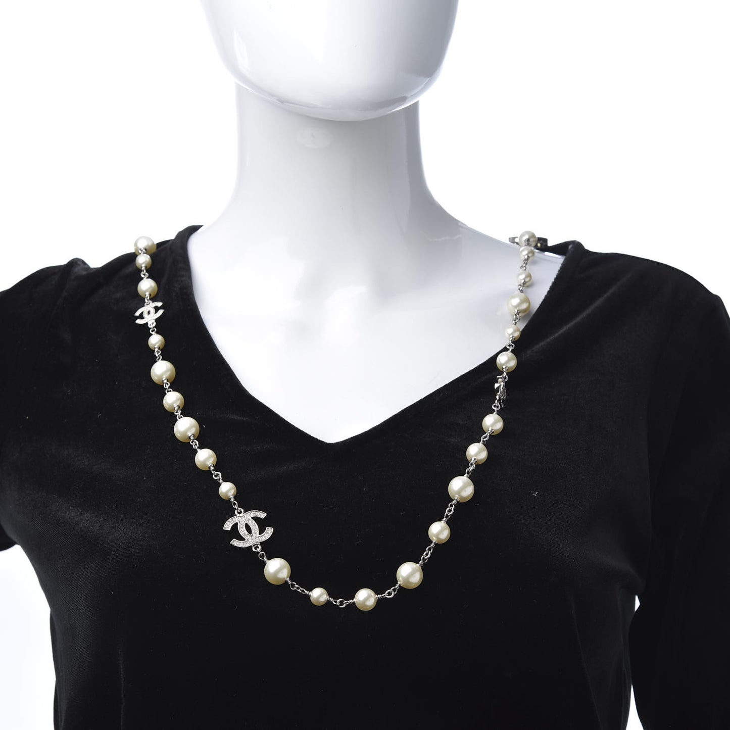 Graduated Pearl Crystal CC Long Necklace Silver