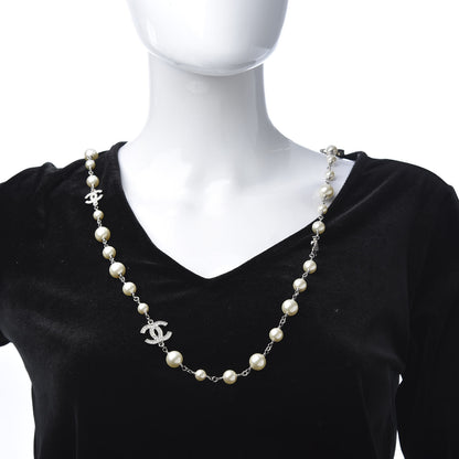 Chanel Graduated Pearl Crystal CC Long Necklace Silver 2 of 4