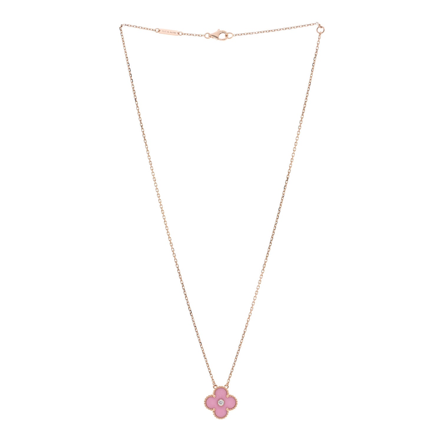 Van Cleef & Arpels 18K Rose Gold Diamond Pink Porcelain Vintage Alhambra Pendant Necklace 3 of 6