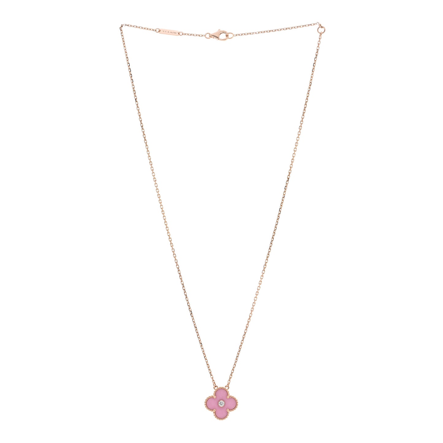 18K Rose Gold Diamond Pink Porcelain Vintage Alhambra Pendant Necklace