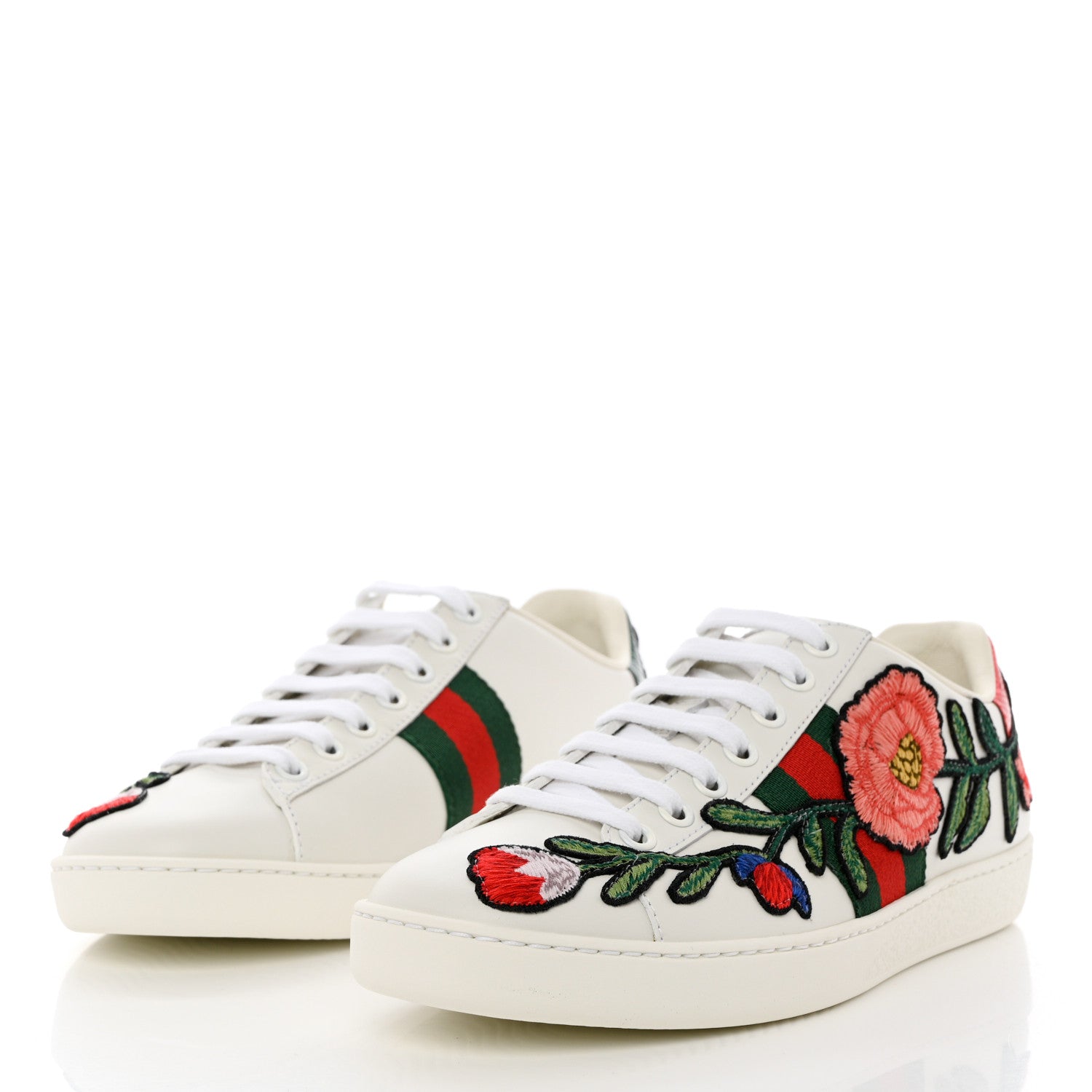 Gucci Calfskin Web Floral Embroidered Womens Ace Sneakers 35.5 White 3 of 9