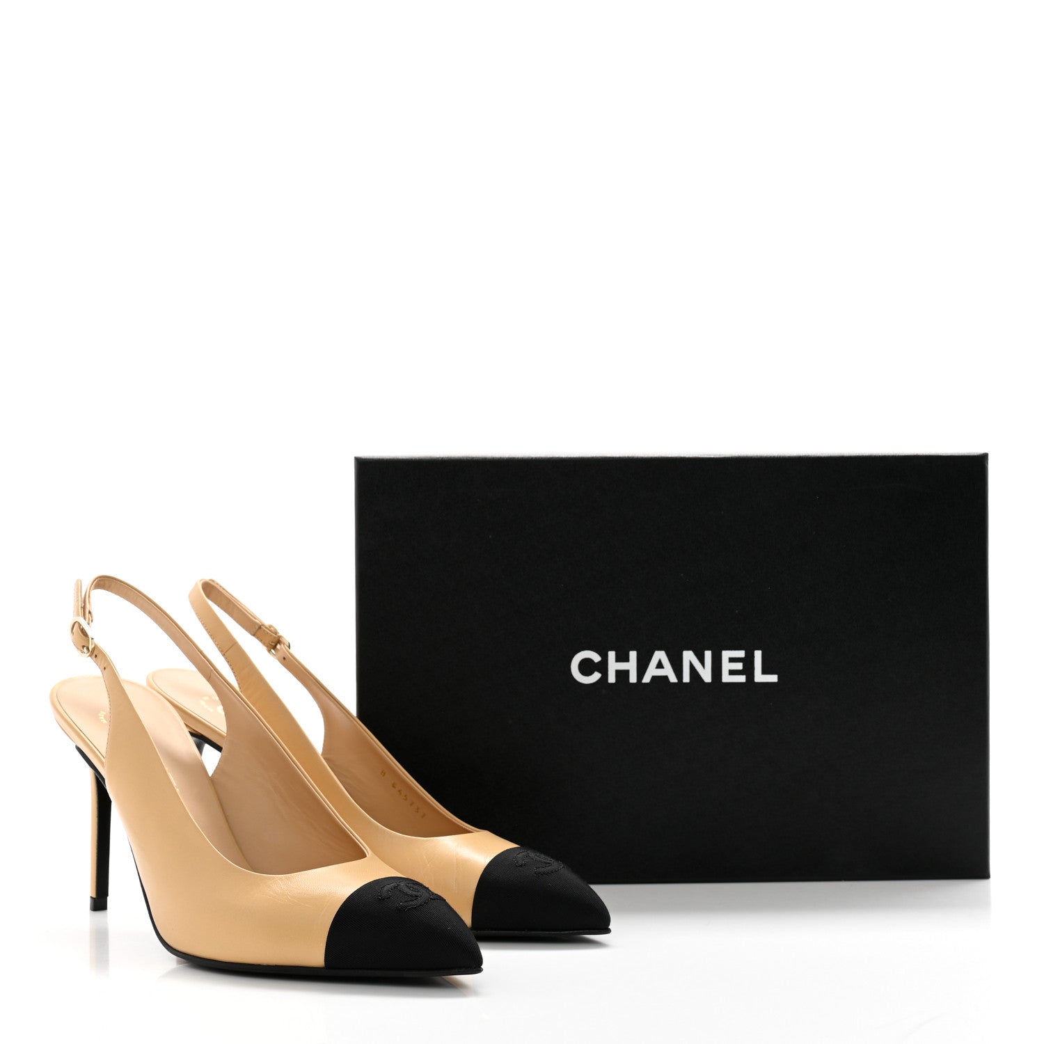 Chanel Goatskin Grosgrain Pointed Cap Toe CC Slingback Pumps 40 Beige Black 12 of 12
