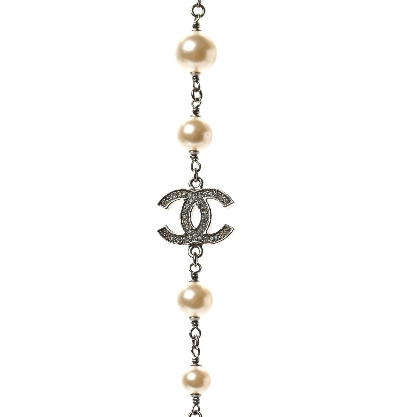 Crystal Pearl CC Long Necklace Silver