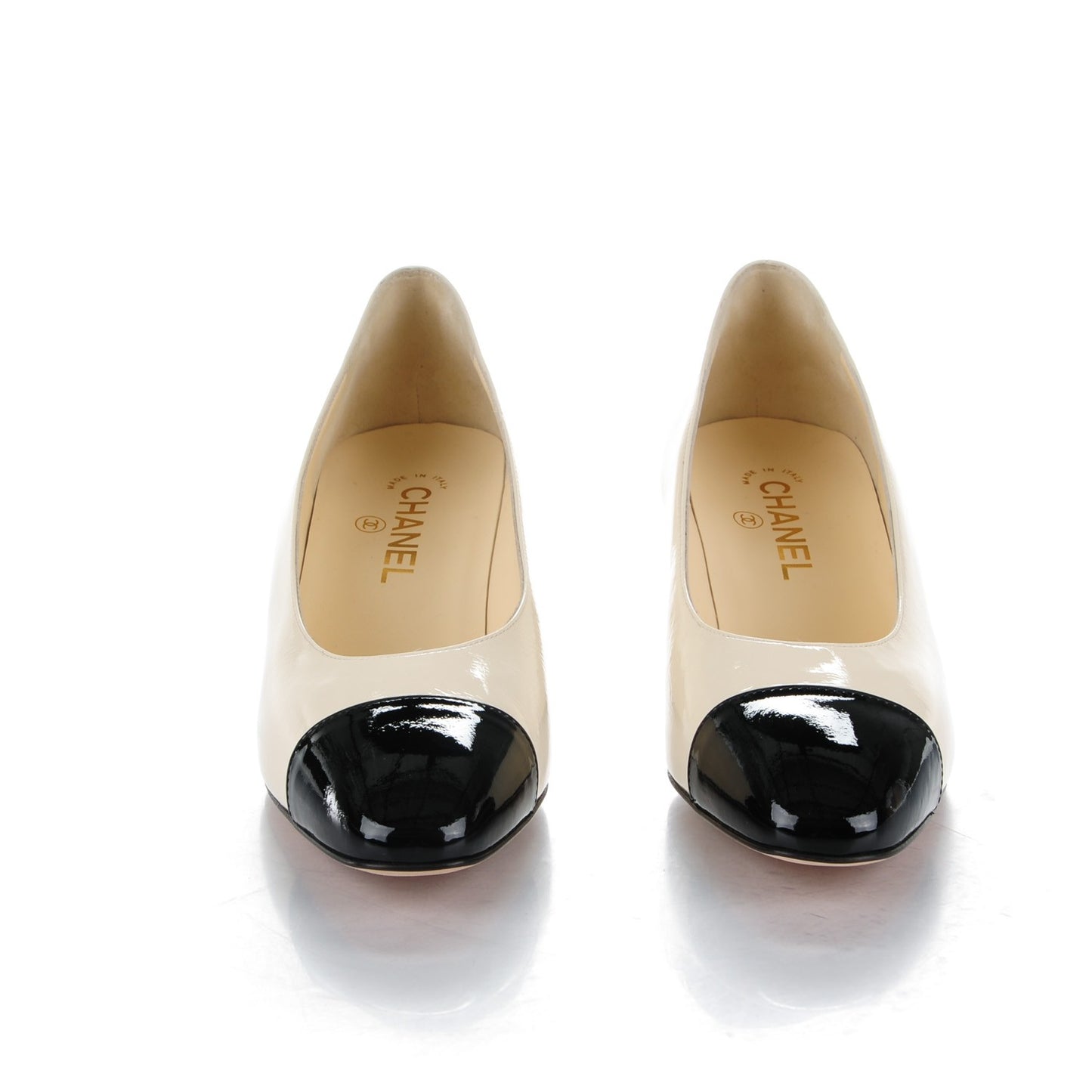Patent Calfskin CC Cap Toe Low Heel Pumps 40 White Black