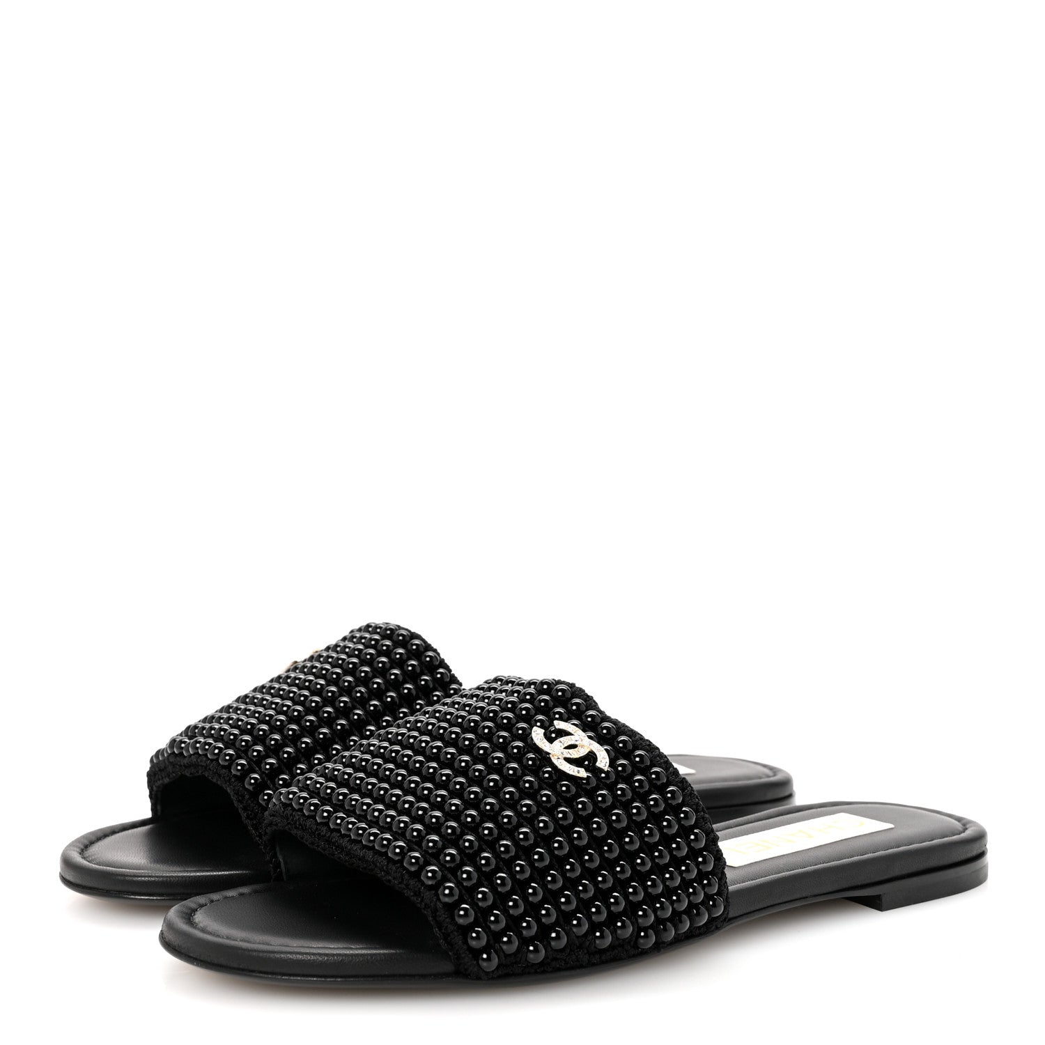Chanel Pearl Crystal CC Mules Sandals 38.5 Black 4 of 10