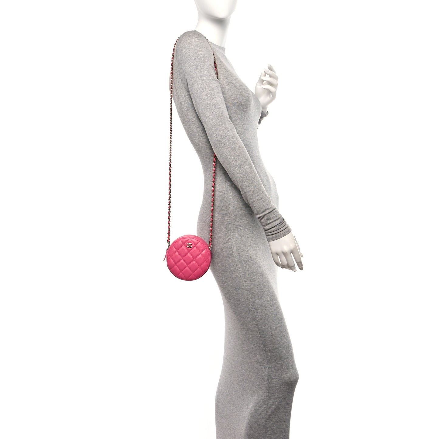 Caviar Quilted Round Clutch With Chain Pink