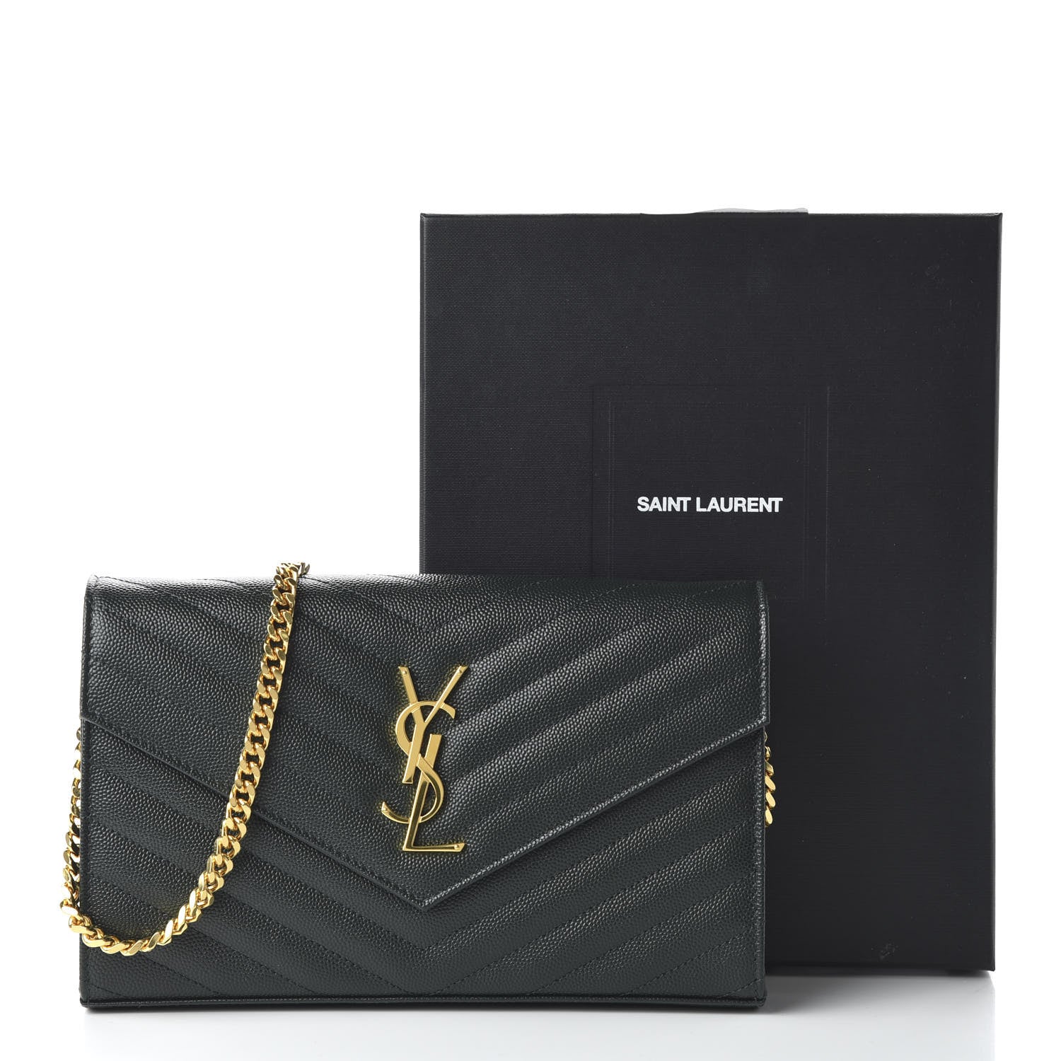 Saint Laurent Grain De Poudre Matelasse Chevron Monogram Chain Wallet Dark Green 10 of 10