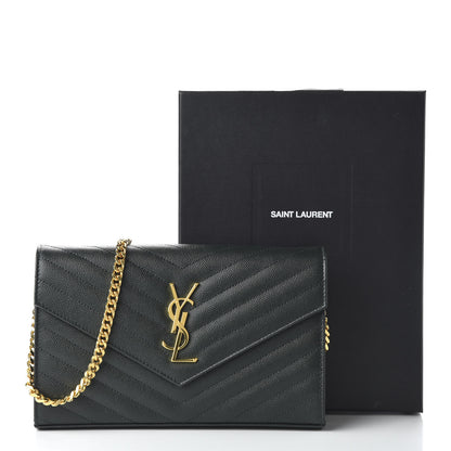 Saint Laurent Grain De Poudre Matelasse Chevron Monogram Chain Wallet Dark Green 10 of 10