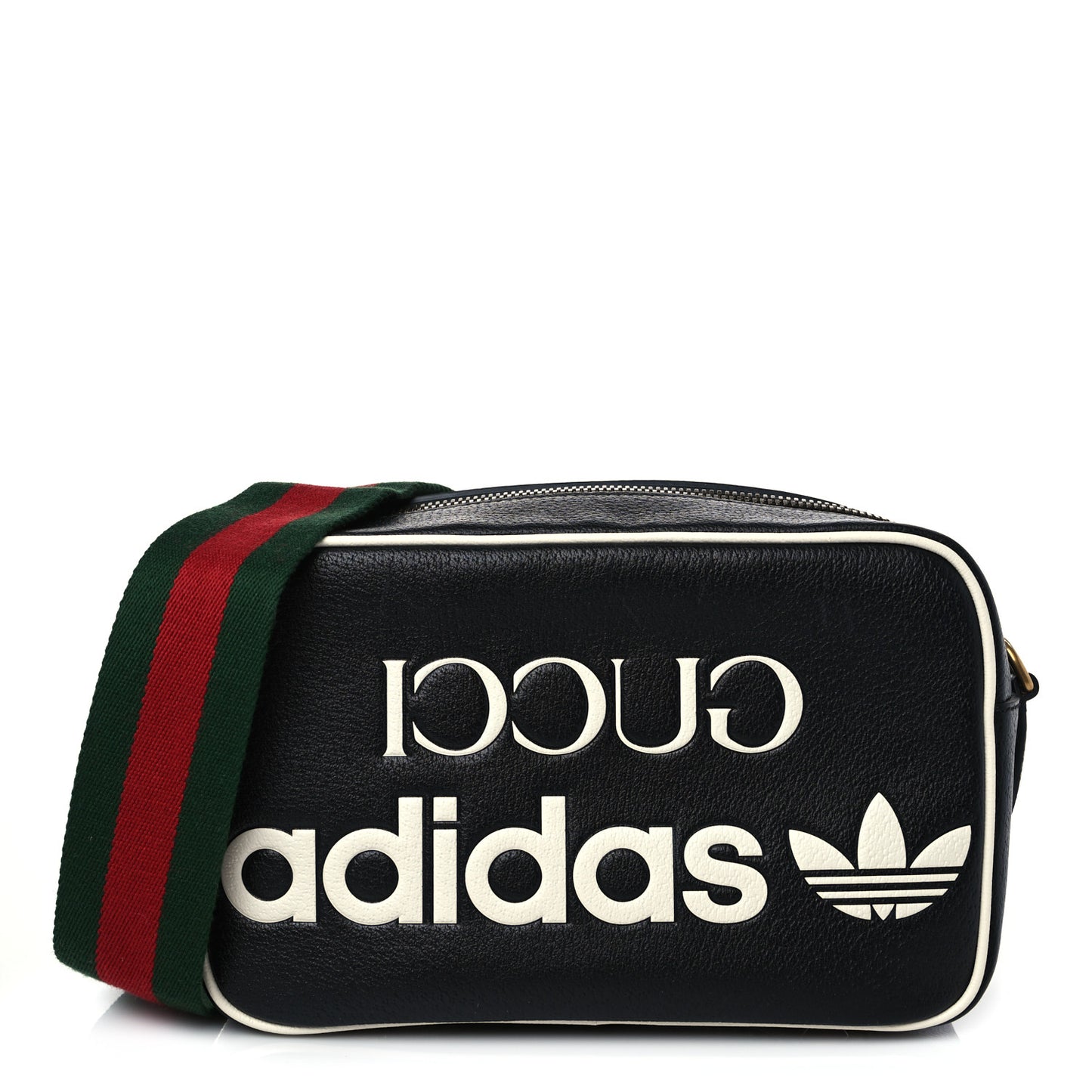 X ADIDAS Textured Dollar Calfskin Web Trefoil Logo Small Messenger Bag Black Off White