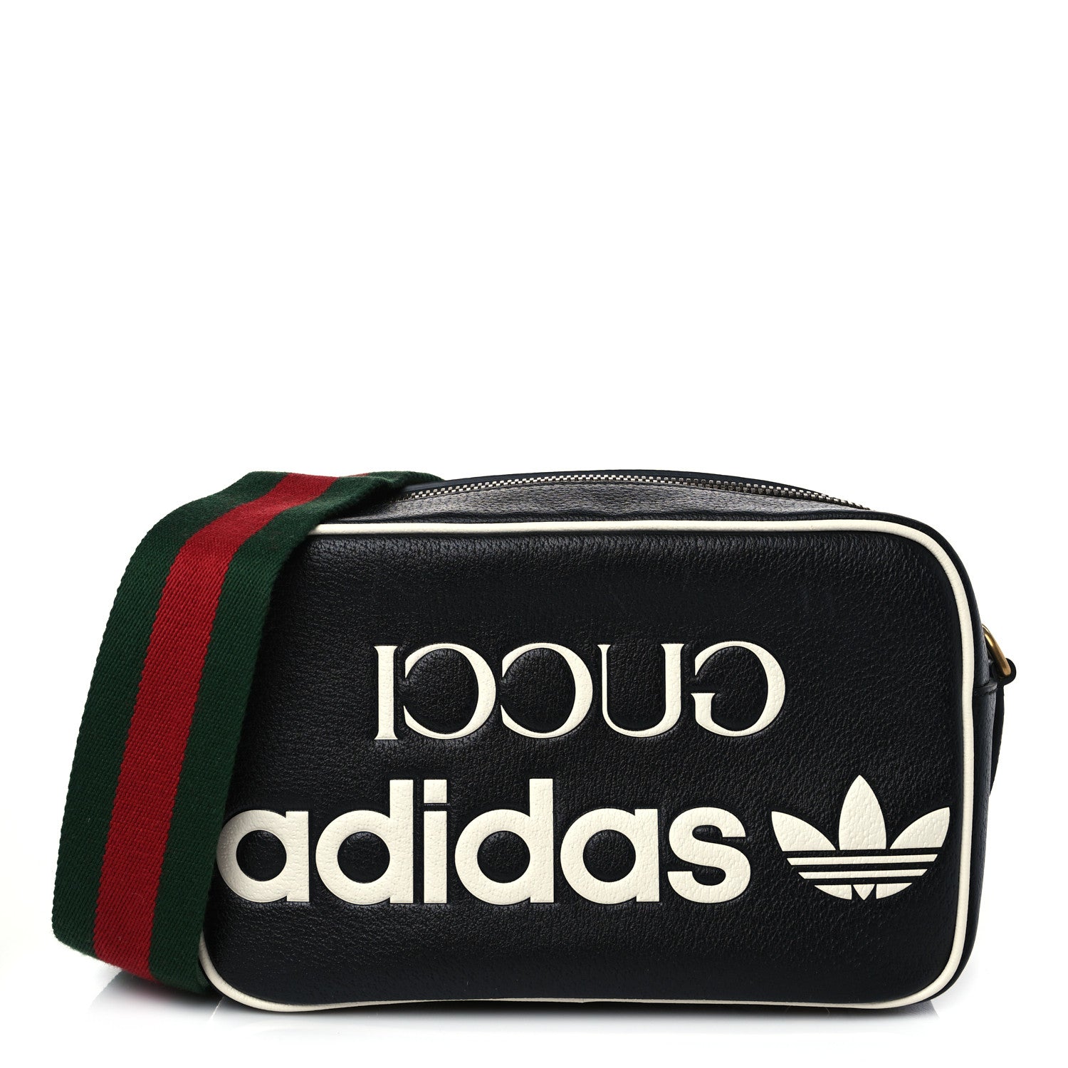 Gucci X ADIDAS Textured Dollar Calfskin Web Trefoil Logo Small Messenger Bag Black Off White 1 of 7