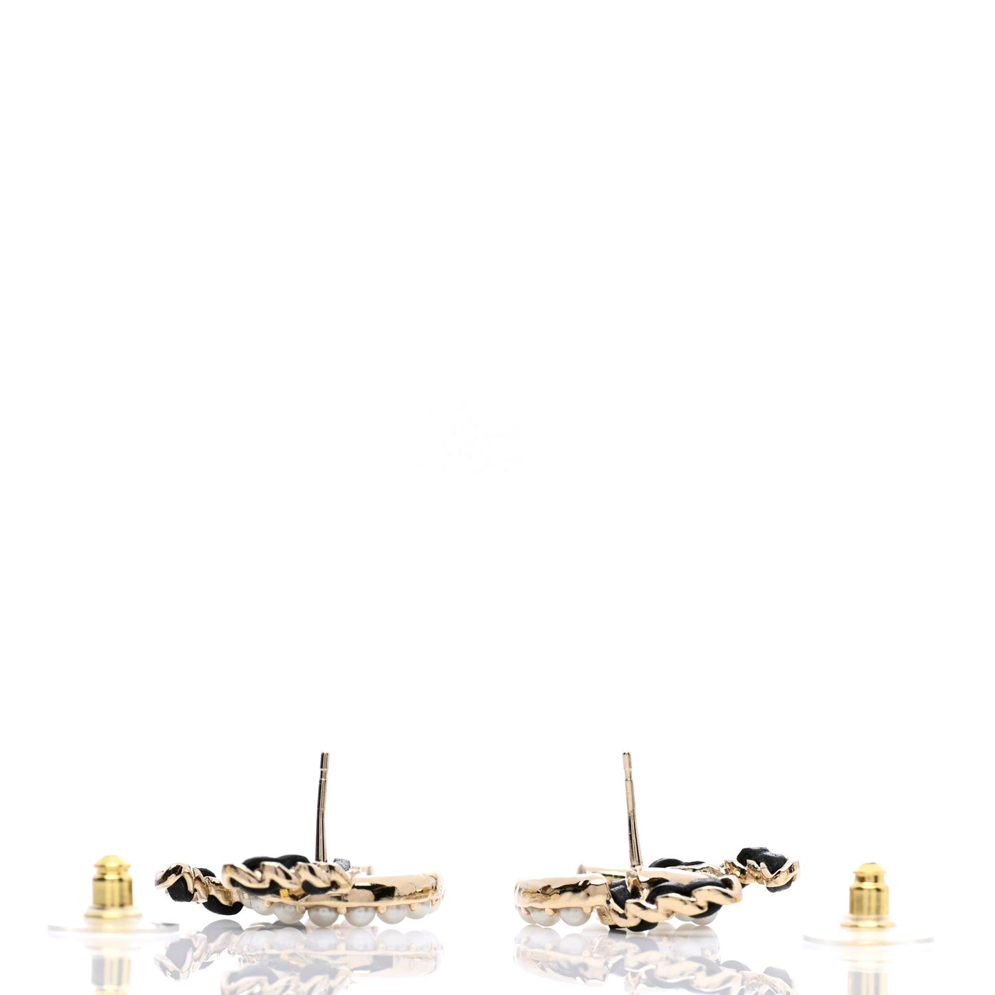 Pearl Lambskin Chain CC Earrings Gold Black