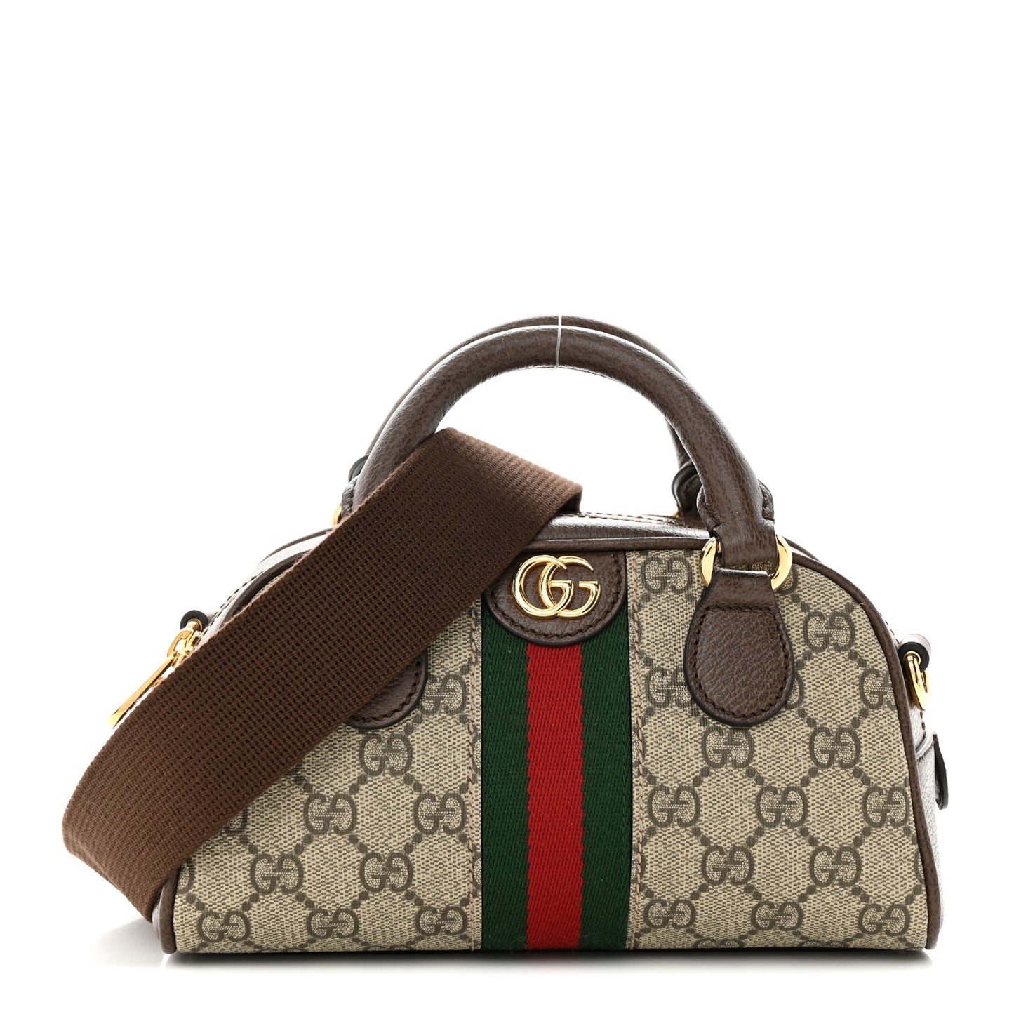 GG Supreme Monogram Textured Dollar Calfskin Web Mini Ophidia Top Handle Bowler Bag Beige Ebony New Acero