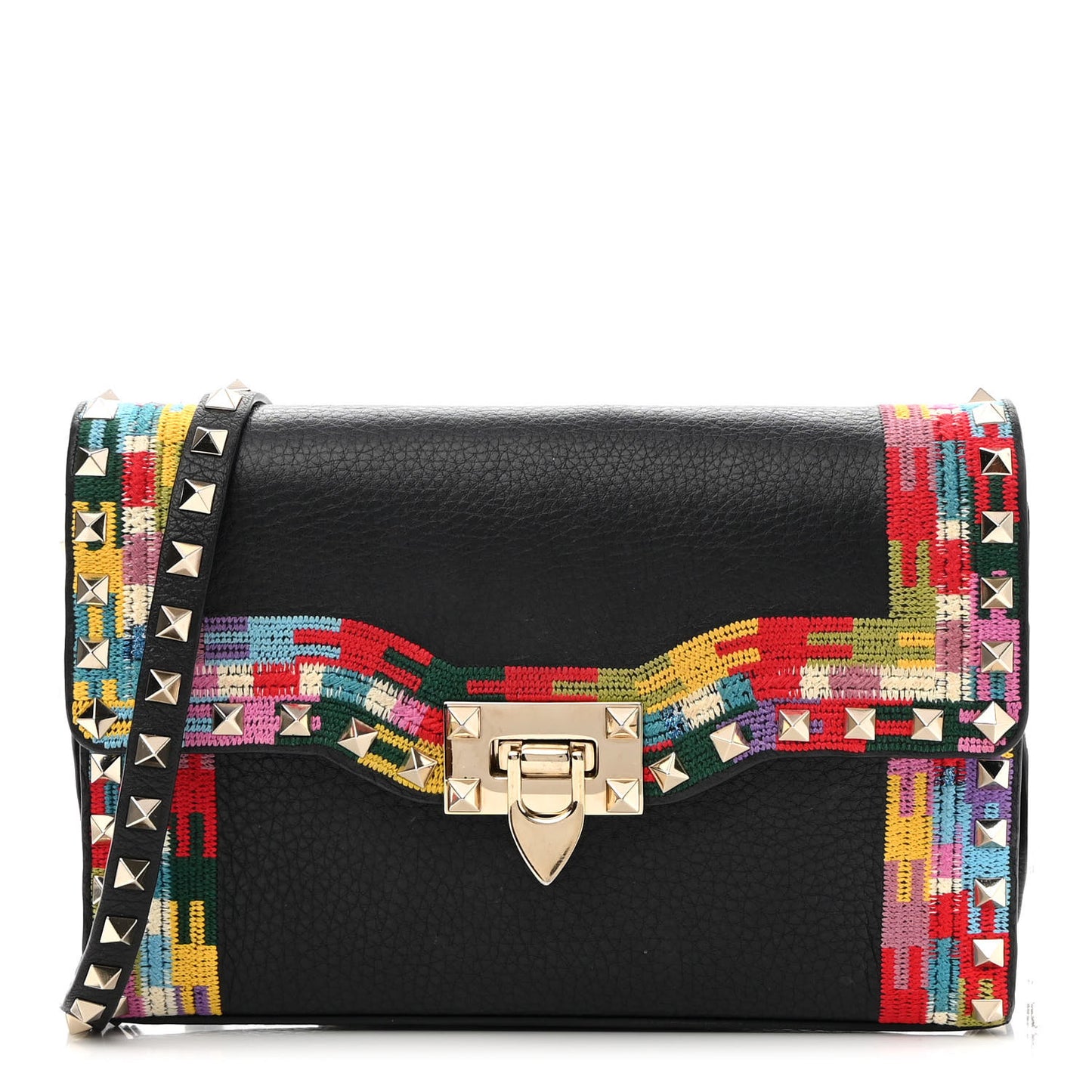 Pebbled Calfskin Embroidered Medium Rockstud Flip Lock Crossbody Bag Black