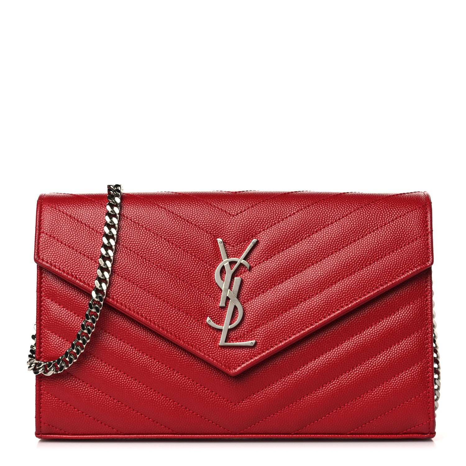 Saint Laurent Grain De Poudre Matelasse Chevron Monogram Chain Wallet Red 1 of 10