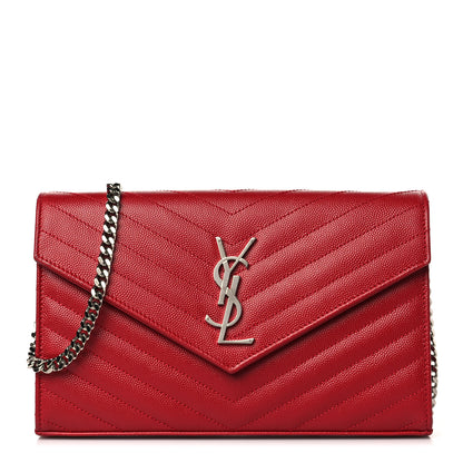 Saint Laurent Grain De Poudre Matelasse Chevron Monogram Chain Wallet Red 1 of 10