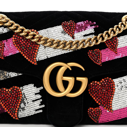 Gucci Velvet Matelasse Crystal Sequin Heart Embroidered GG Marmont Small Bag Black 8 of 14