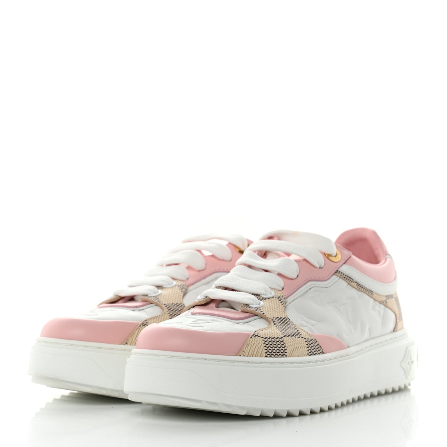 Monogram Embossed Calfskin Damier Azur Time Out Sneakers 37 Rose Clair Pink