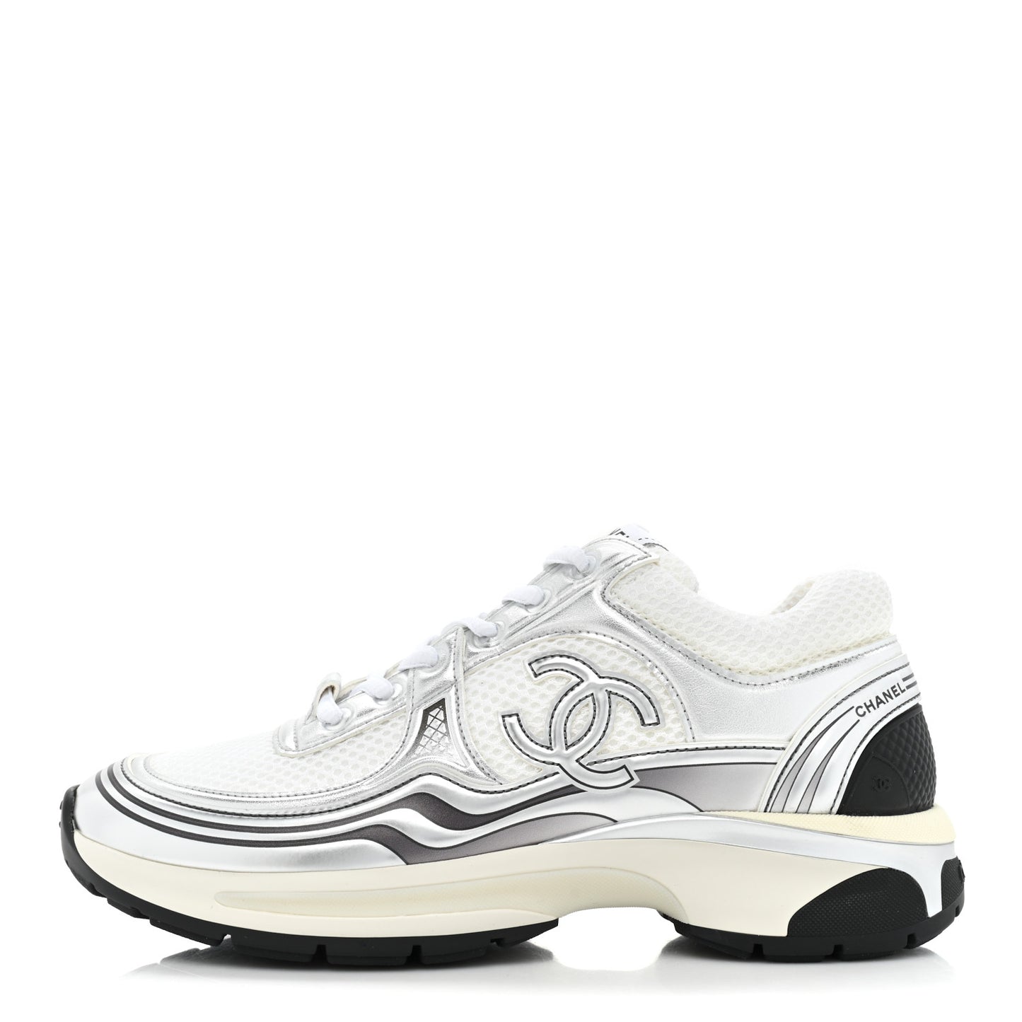 Fabric Laminated Calfskin Stretch CC Womens Sneakers 38 White Silver