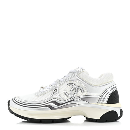 Chanel Fabric Laminated Calfskin Stretch CC Womens Sneakers 38 White Silver 1 of 10