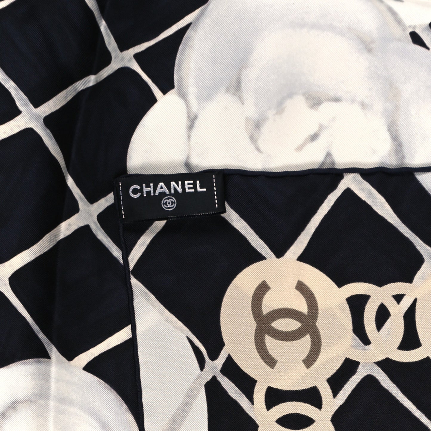 Silk CC Logo Camellia Scarf White Black