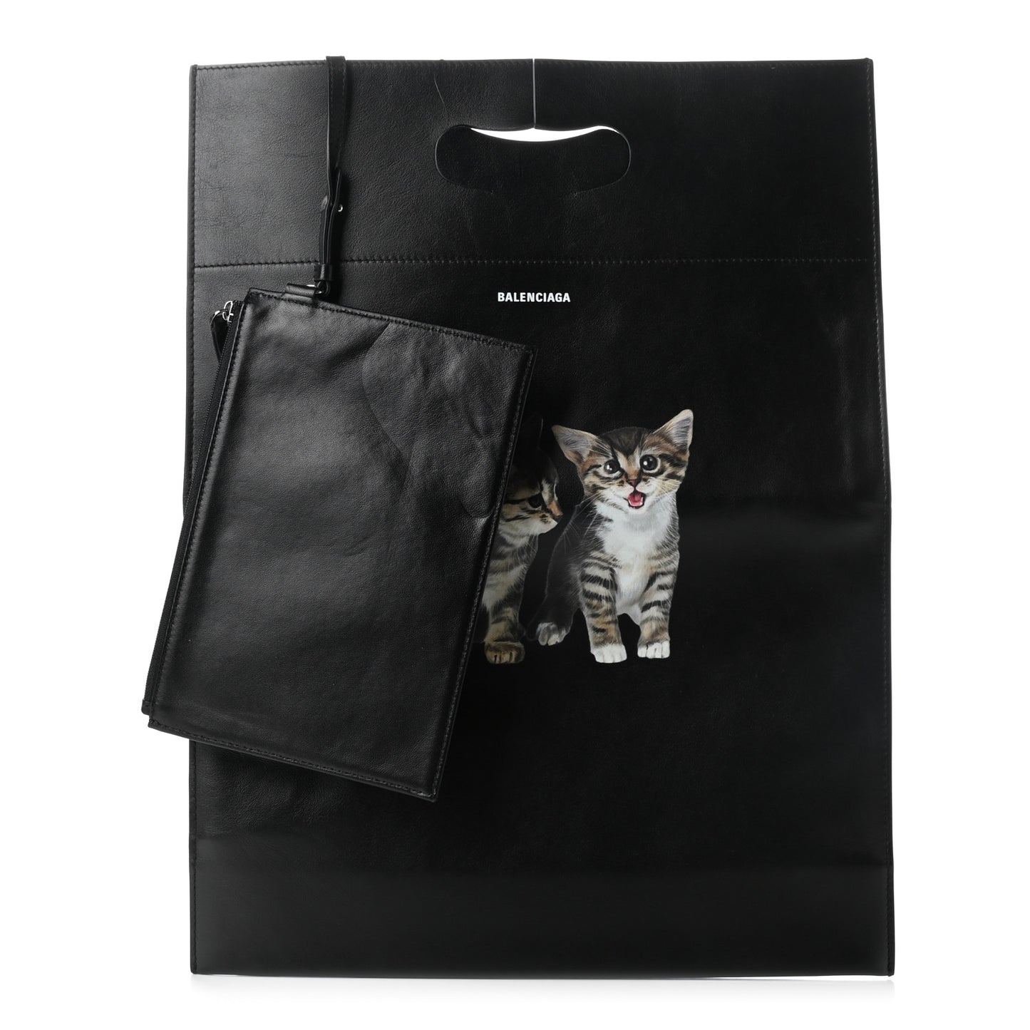 Calfskin Printed Kitten Plastic Bag Shopper S Black